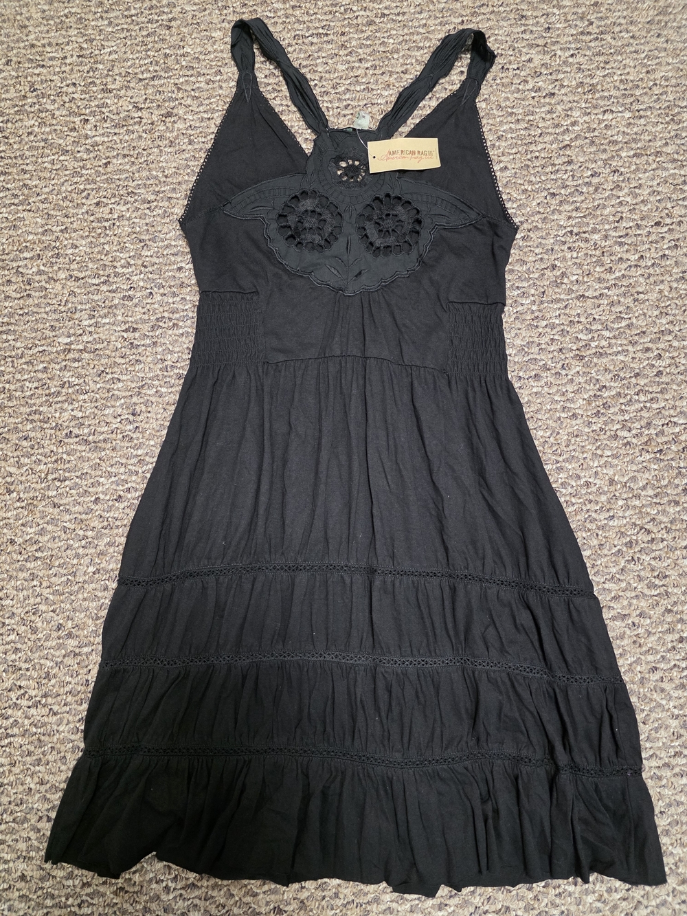 🖤🌸☀️ American Rag NWT Black Tiered Midi Boho Sundress Floral Lace Racerback M